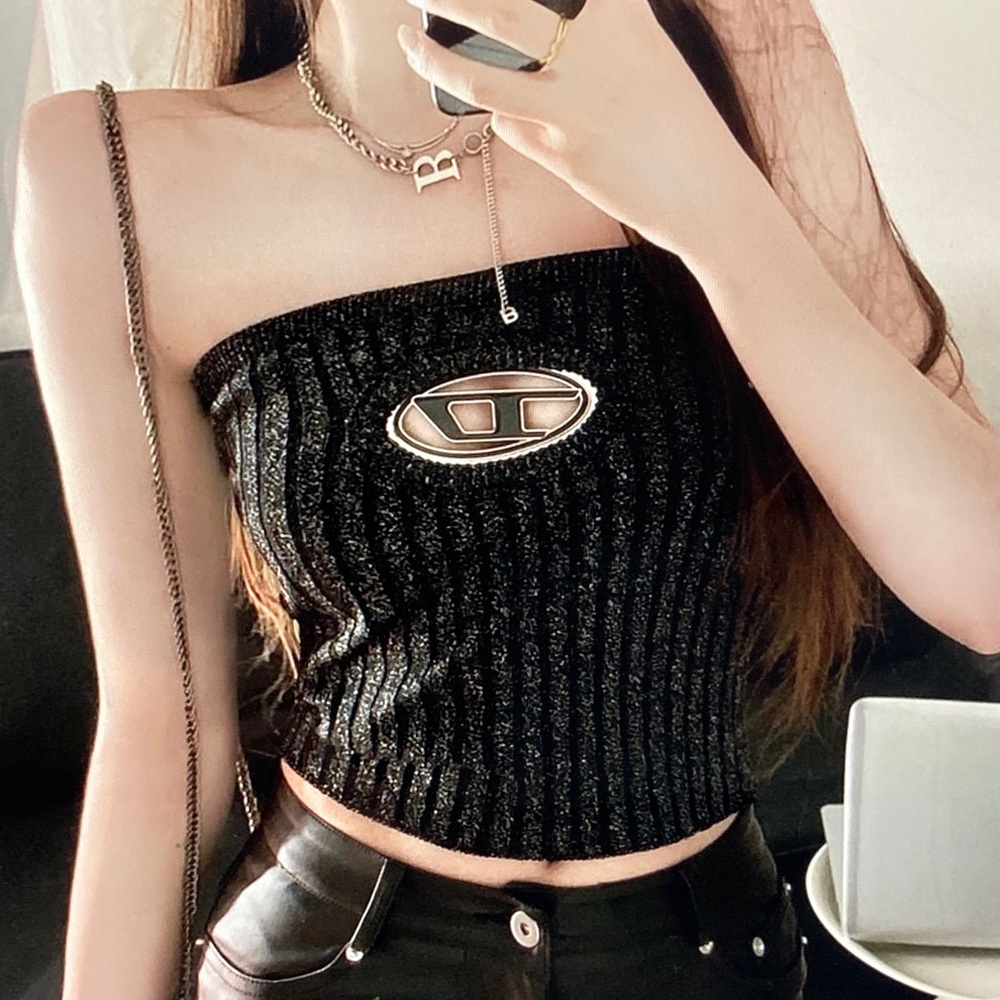 Diesel Black Ribbed One-Shoulder Crop Top with Silver Logo